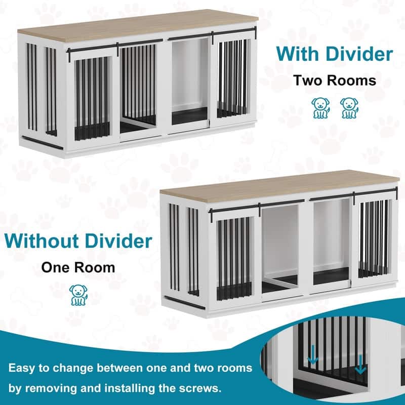 71inch Dual Dog Crate Furniture Heavy Duty Wooden Kennel withSliding Barn Doors Divider TV Stand for Large Breeds
