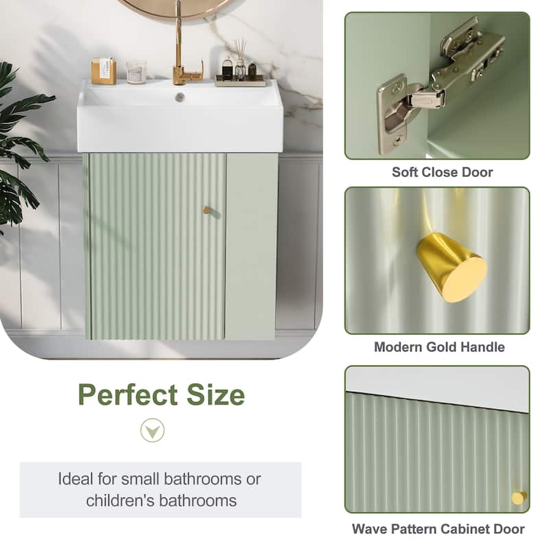 21.6" Modern Floating Bathroom Vanity with Ceramic Sink, Wave-Pattern Door, Rose Gold Handle, Side Storage