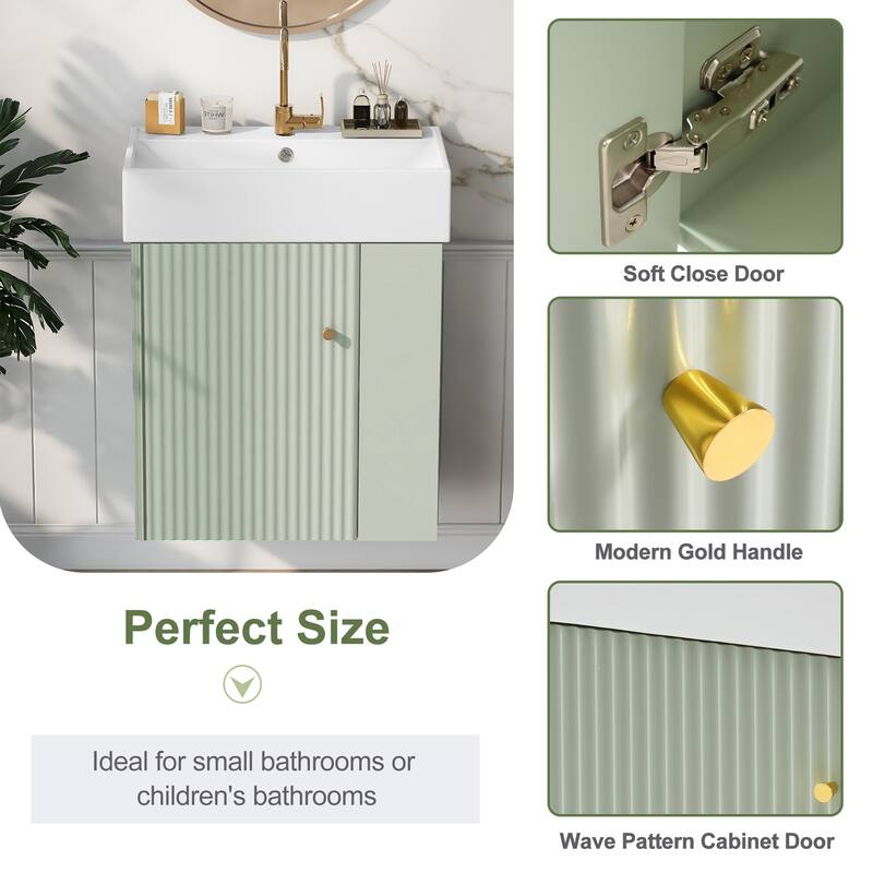 21.6" Floating Bathroom Vanity with Ceramic Basin - Right-Side Storage, Space-Saving for Small Bathrooms