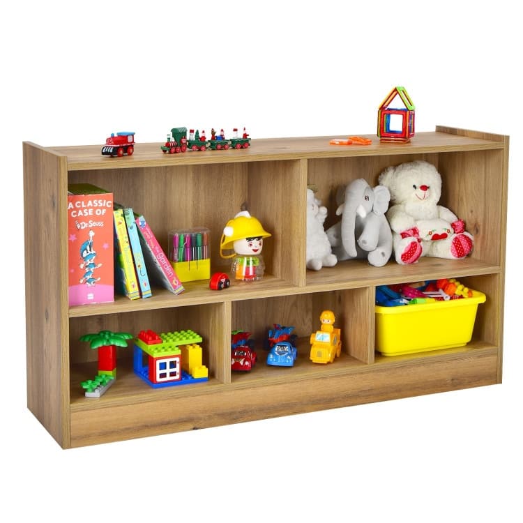 Children's Wooden Toy Storage Cabinet with 2 Shelves and 5 Cubes - 44" x 12" x 24" (L x W x H) - Natural