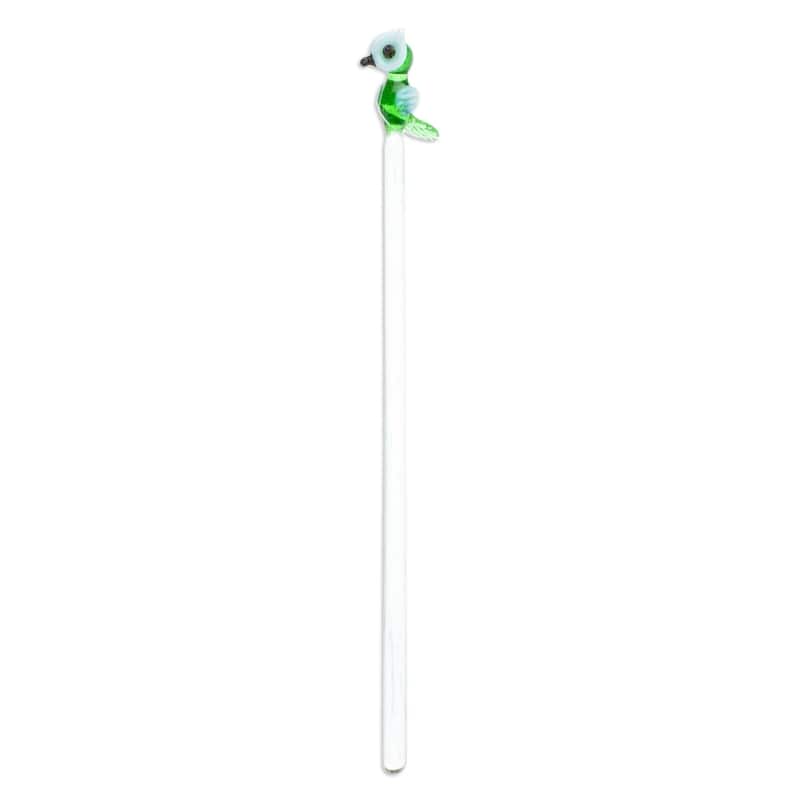 Novica Handmade Cheeky Green Owl Recycled Glass Cocktail Stirrer
