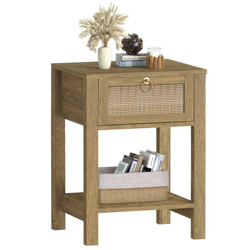 SICOTAS Farmhouse 1-Drawer Rattan Nightstand