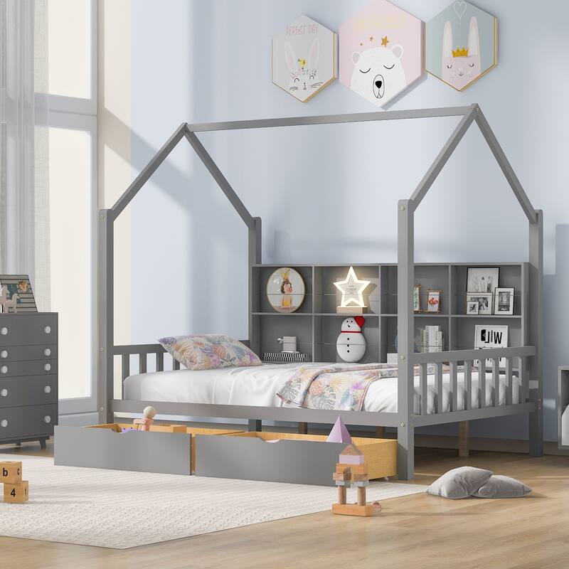 Wooden House Bed with 2 Drawers, 8 Storage Shelf, Kids Bed