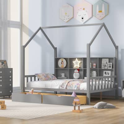 Wooden House Bed with Drawers