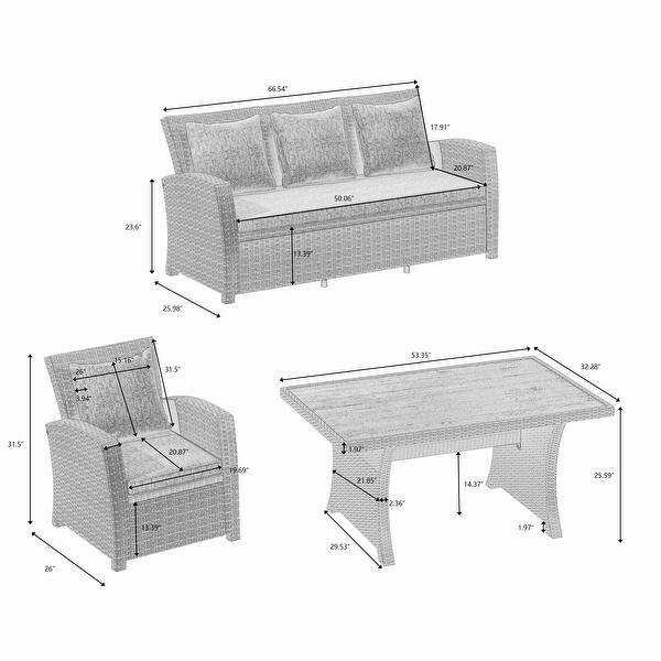 4Piece Conversation Set Black Wicker Furniture Sofa Set with Dark Grey