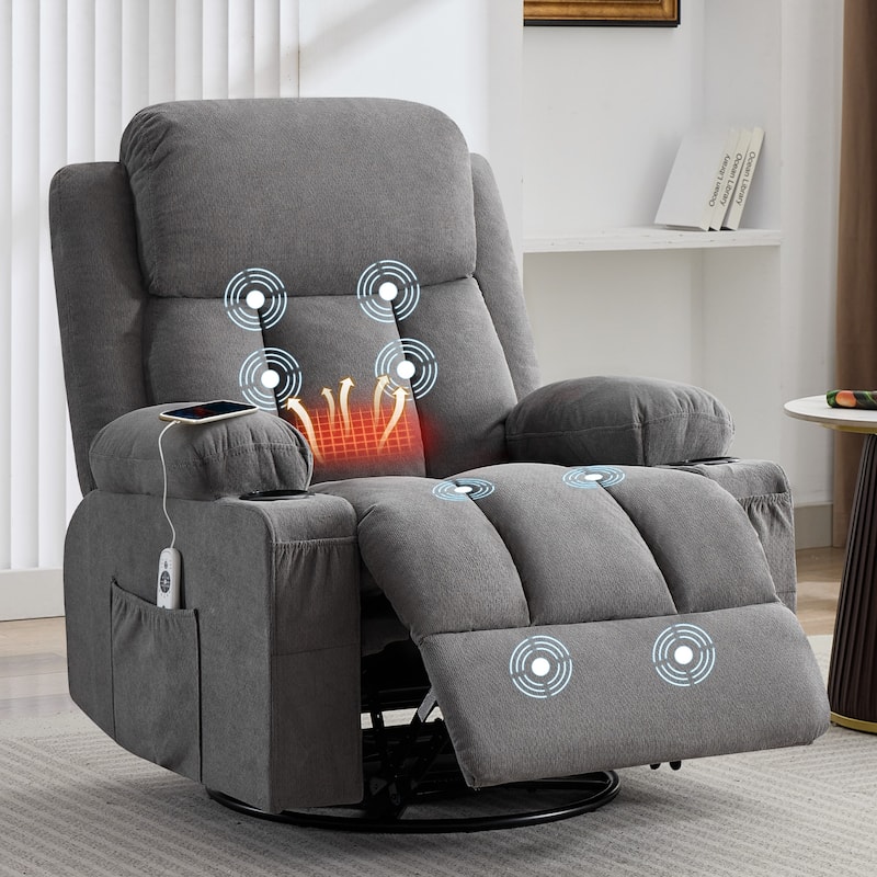 Swivel Rocker Recliner Chair with Vibration Massage and Heat for Living Room - Grey