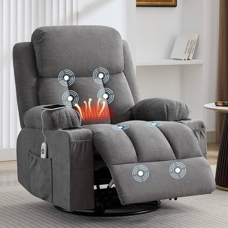 Swivel Rocker Recliner with Vibration Massage Heat USB Port Cup Holders