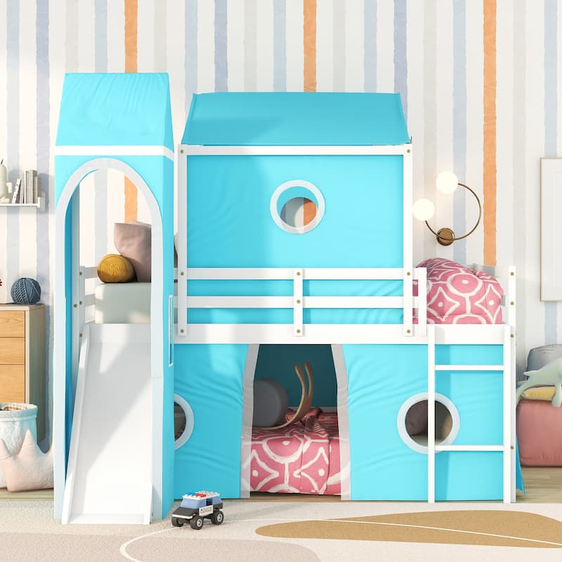 Twin/Full Size Kids Loft Bed with Slide and Tent, House Loft Bed with Tower and Ladder, Wood Loft Bed Playhouse Bed Frame