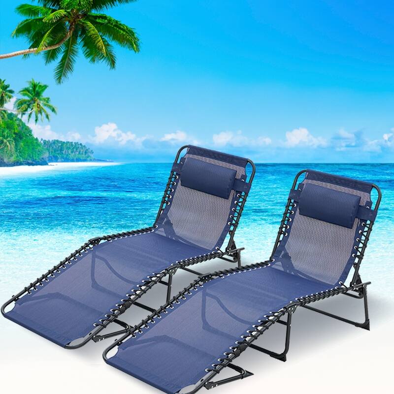 Folding Chaise Lounge Pool Chair Set of 1, Patio Sun Tanning Chair, Lounge Chair with 4-Position Reclining Back for Beach - Dark Blue