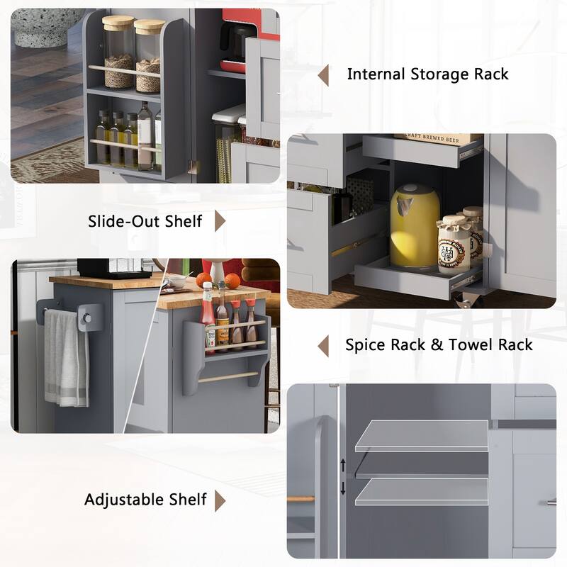 Rolling Kitchen Island with Rubber Wood Top, 3 Drawer, 2 Slide-Out Shelf & Internal Storage Rack, Spice Rack & Tower Rack