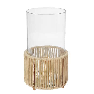 Glass Candle Holder Hurrican With Metal & Raffia Base 10"