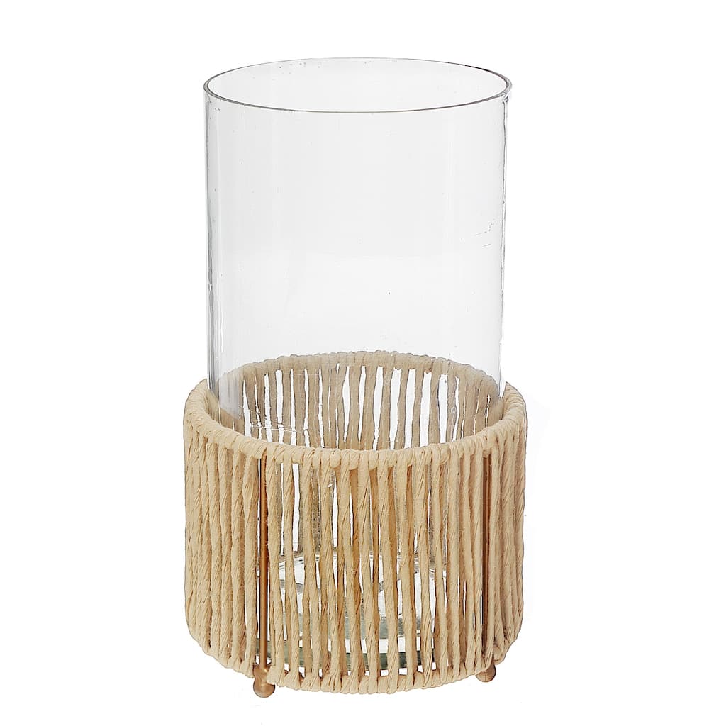 Glass Candle Holder Hurrican With Metal & Raffia Base 10"