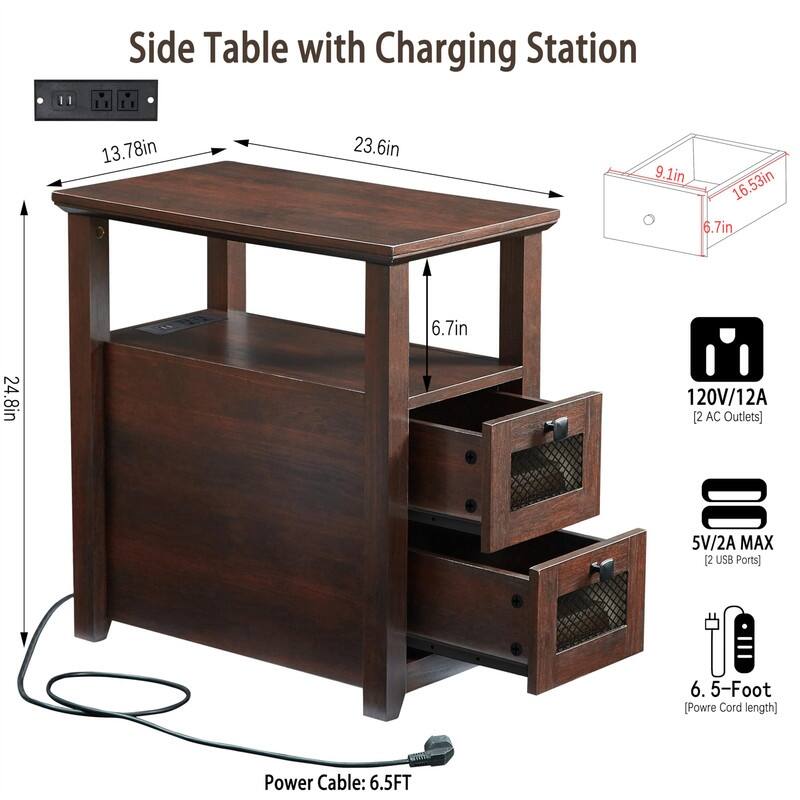 End Table with Charging Station - 13.78"D x 23.6"W x 24.8"H