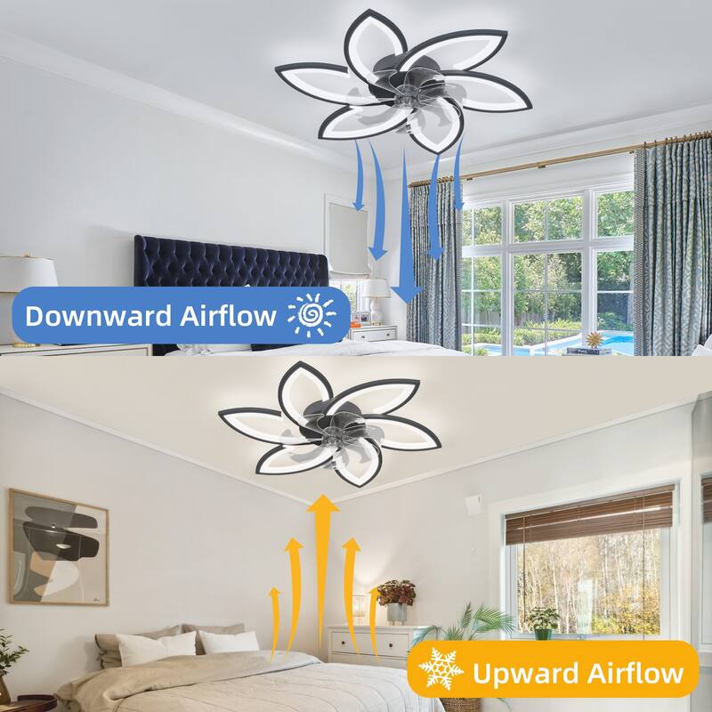 Indoor Flush Mount Ceiling Fan with Flower Shaped LED Light and Remote Control, Reversible Inverter Silent Copper Core Motor