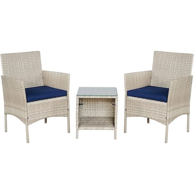 BTEXPERT Tempered Gray/Navy Blue Outdoor Wicker Conversation 3 Piece Bistro Garden Patio Set