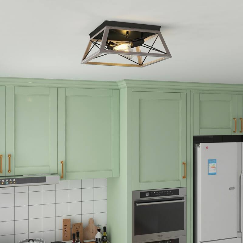 2-Light Black Metal and Wood Flush Mount