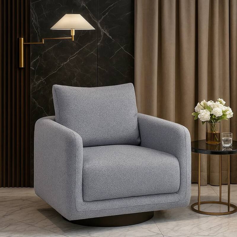 Wade Swivel Armchair with 360 Rotation and Square Frame, Gray Boucle