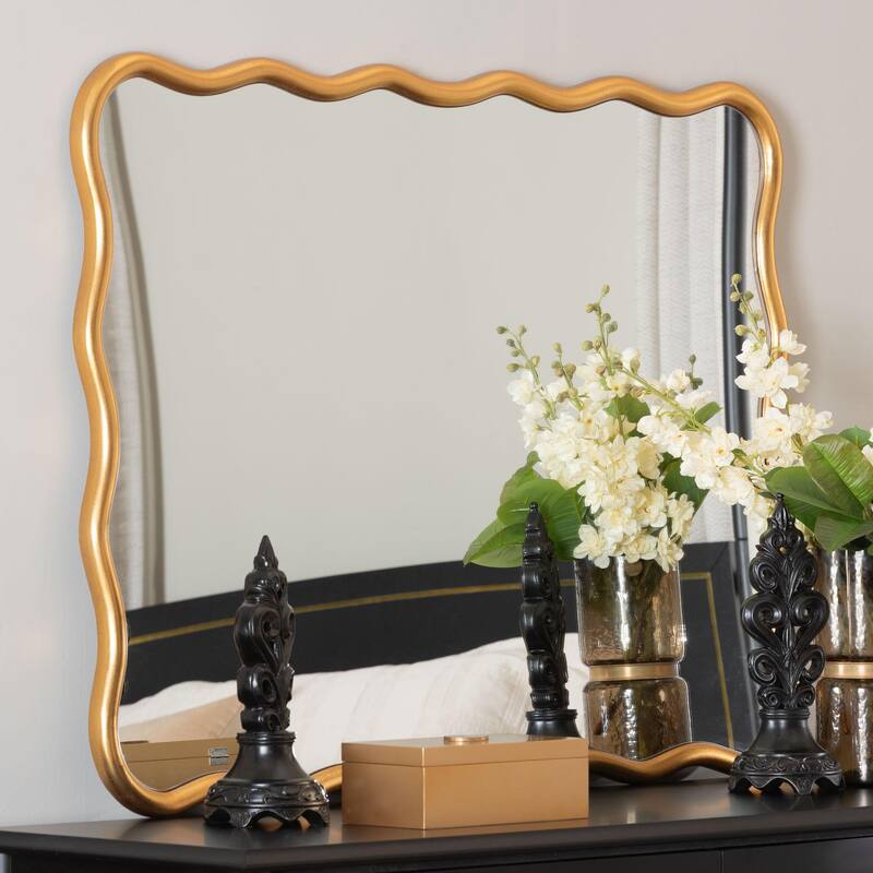Cassara Gold Scalloped Rectangular Wall Mirror - Stylish Curved Edge Decorative Accent for Living Room, Bedroom, or Entryway - 35.8 x 48