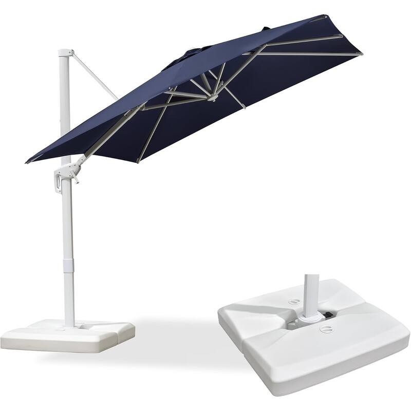 PURPLE LEAF White Square Cantilever Patio Umbrella With Base - 8ft Navy Blue