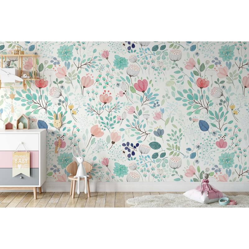 GK Wall Design Colorful Puppy Flowers with White Background Removable Wallpaper