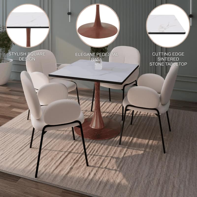 Bristol 27" Square Dining Table with Marbled White MDF Top and Steel Pedestal Base for Modern Kitchen and Dining Room - 27 in.