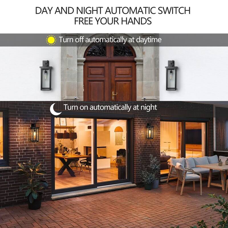 20"(H) Set of 2 Modern Outdoor Wall Lanterns with Clear Glass, Ambient Light Sensors, Weatherproof Wall Sconces, E26 Bulb