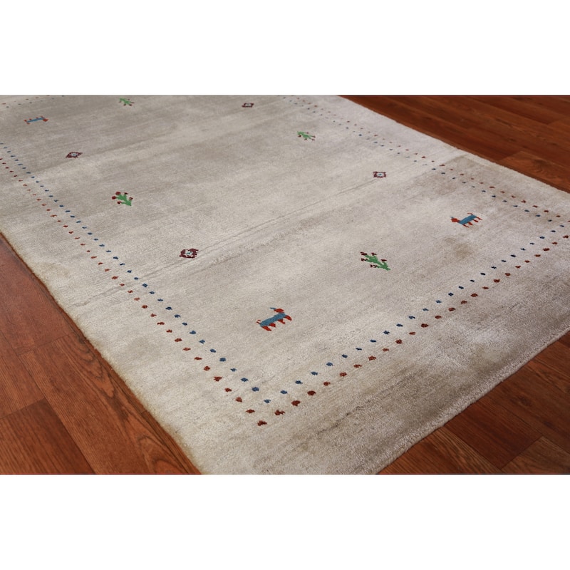 Hand Knotted Oriental 100% Wool Carpet Tribal Animal Pictorial Beige & Ivories Gabbeh Area Rug - 4' 10'' X 3' 0''