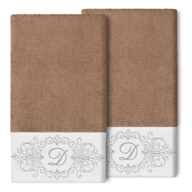 Authentic Hotel and Spa 100% Turkish Cotton Monica 2PC Embellished Bath Towel Set - D - Latte
