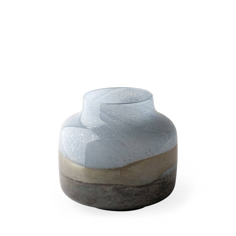 HomeRoots 9" Blue And Brown Abstract Cylinder Crystal Glass Table Vase - 10" W x 9" H x 10" D - 10" W x 9" H x 10" D - Blue