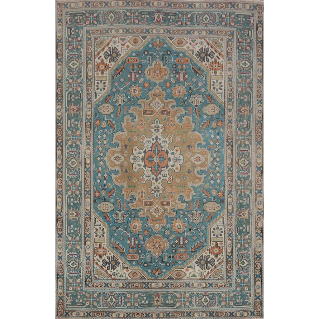 Light Blue Tabriz Persian Vintage Area Rug Hand-Knotted Wool Carpet - 6'5" x 9'5"