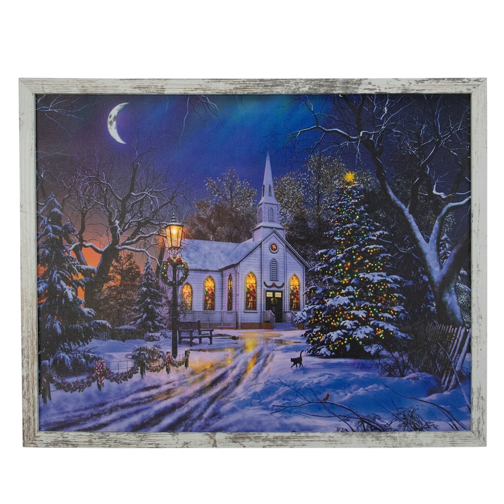 LED Lighted Church at Night Framed Christmas Canvas Wall Art 19" x 15"
