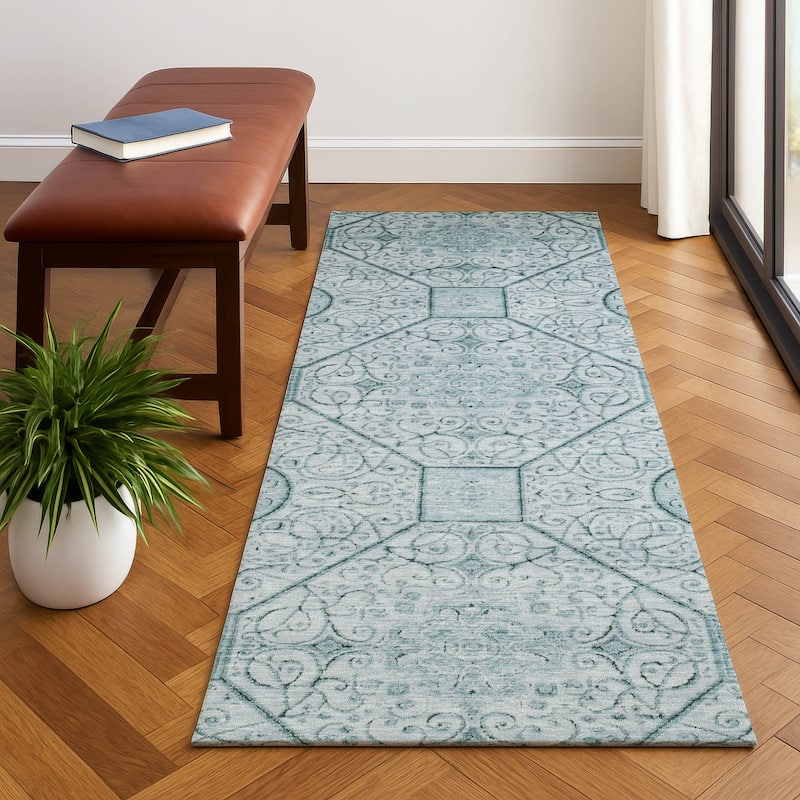Premium Washable Super Soft Traditional Mosaic Mayfield Rug - Aqua - 2'3" x 7'6"