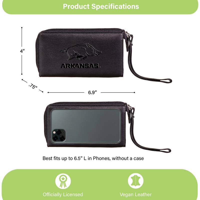 Black Hybrid Leather Cell Phone Wristlet Wallet, University of Arkansas - 4" x 7"