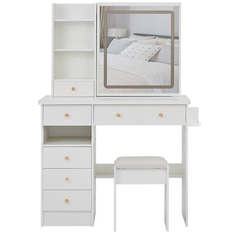 37" Middle Size Left Drawer Desktop Vanity Table + Cushioned Stool Dresser Set, Large Touch Control LED Sliding Mirror