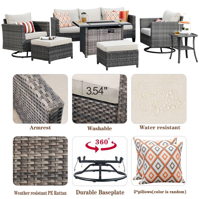 OVIOS 7-piece Wicker Sectional Sofa Swivel Rocking Chair Set With Fire Pit