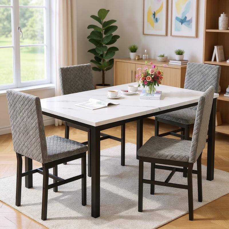 Grondin 5-Piece Dining Room Table Set with Faux Marble Table Top and Diamond Stitching Velvet Upholstery Dining Chairs