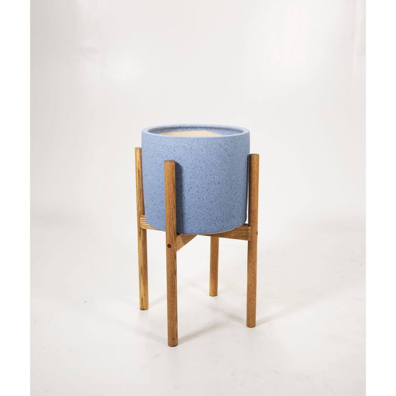 Large Ceramic Pot 10" Sky Blue with Wood Stand - 8' x 10' - Special Walnut