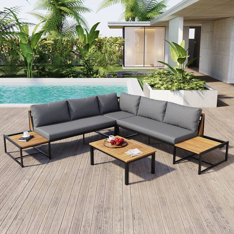 Furniture Set with Loveseats, 4 Pieces Outdoor Sofa Set with Waterproof Cushions, Patio Furniture with Durable Iron-Wood Design