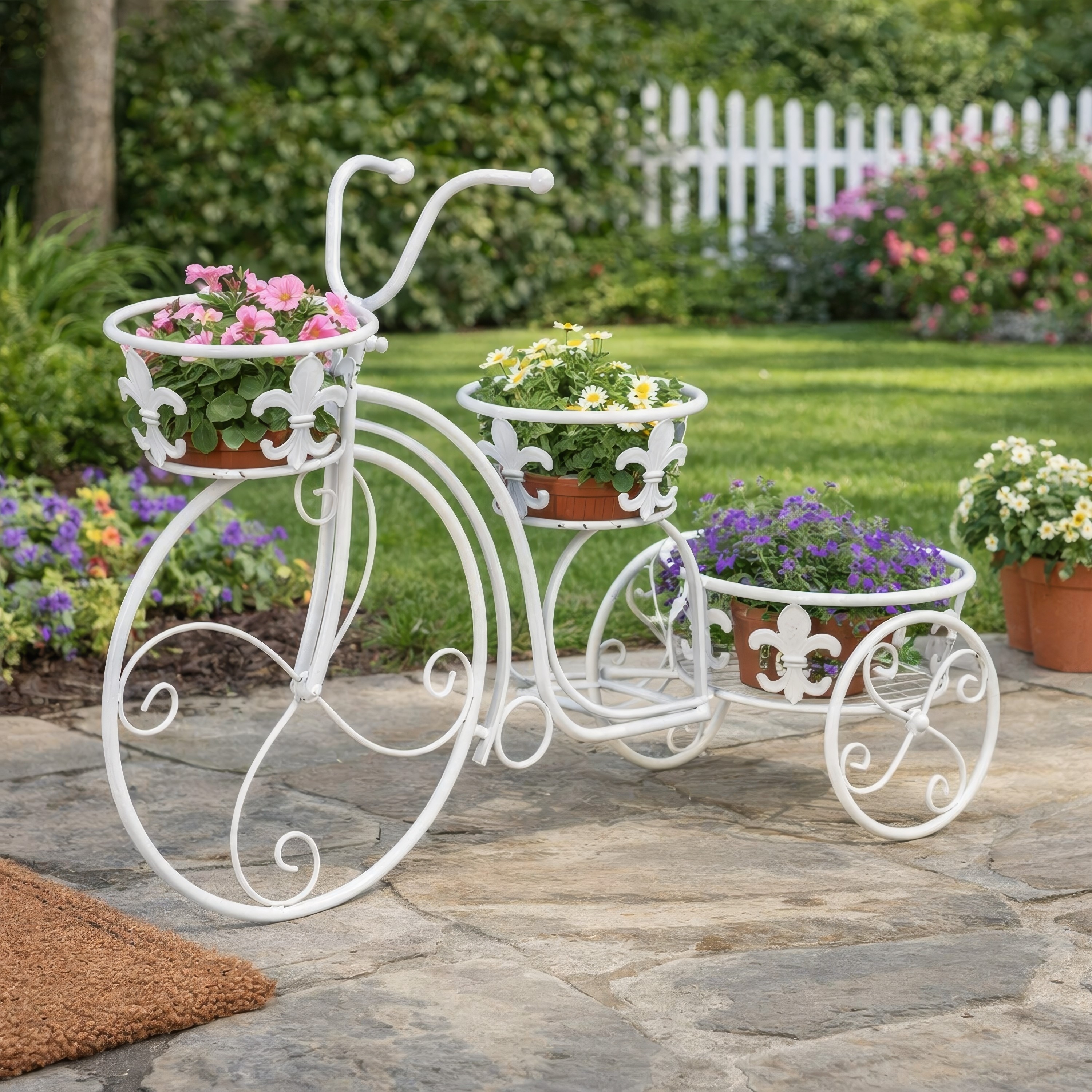 置物 plantapine Outdoor Plant Stand, Tricycle Shape, Scrollwork, 30 Inch White