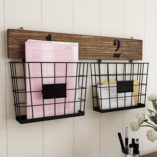 Hanging Double Wire Basket Organizer - Wall Mount Storage, Rustic Style by Lavish Home - 24 x 2.5 x 12