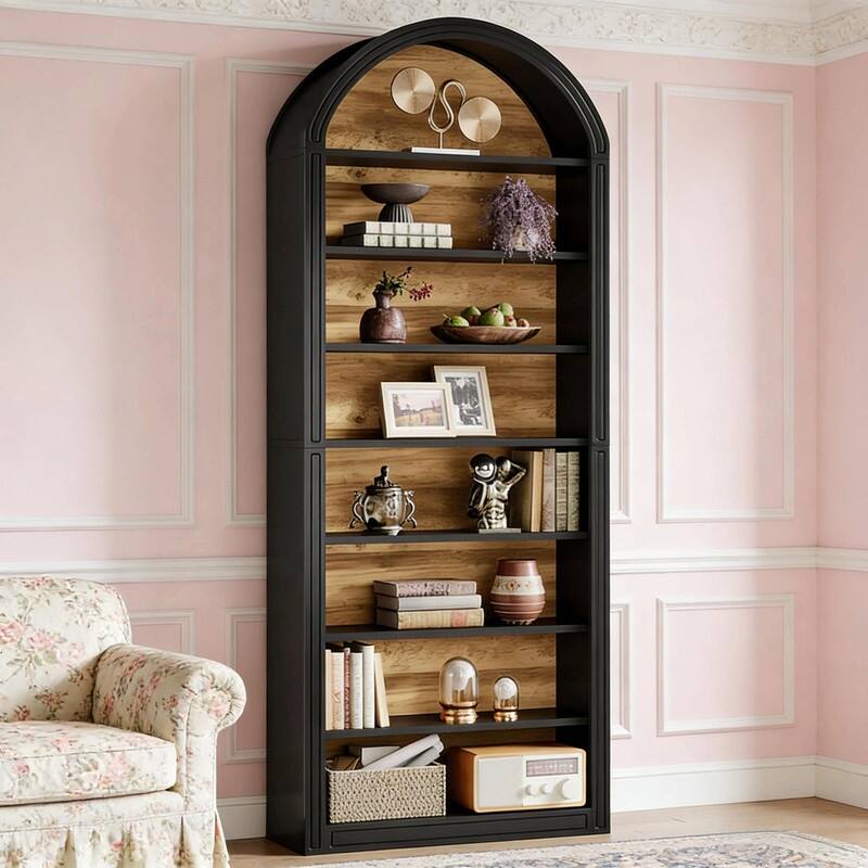 8-Tier Arched Bookshelf with Two-Tone Finish, Sturdy MDF Bookcase with Closed Back for Living Room, Study, or Kitchen