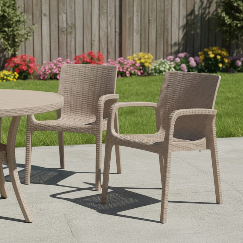 HomeRoots Set of Two Taupe Faux Rattan Heavy Duty Plastic Outdoor Stacking Arm Chairs