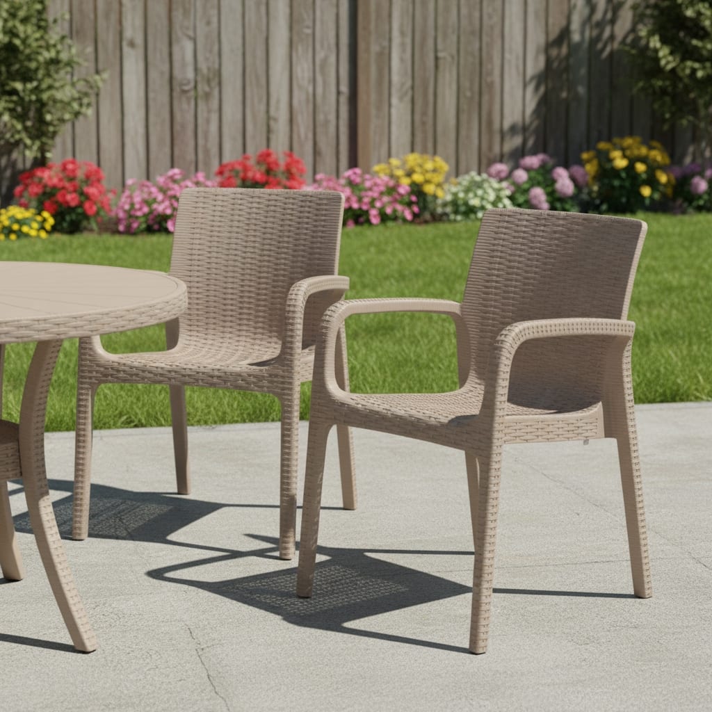 HomeRoots Set of Two Taupe Faux Rattan Heavy Duty Plastic Outdoor Stacking Arm Chairs