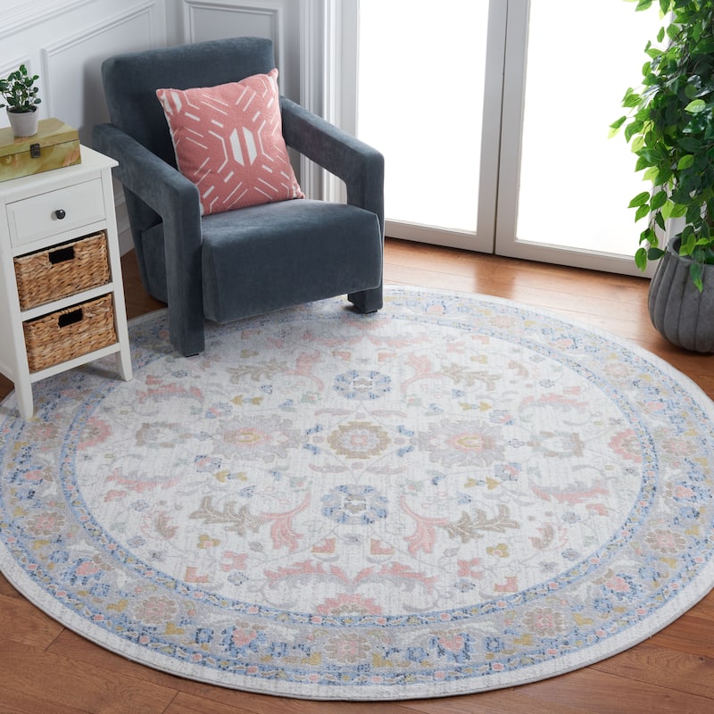 SAFAVIEH Bayside Machine Washable Shweta Oriental Rug - 6'7" Round - Beige/Blue