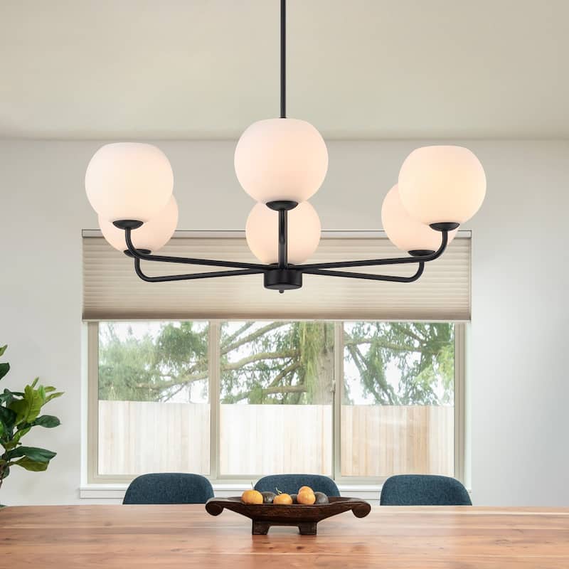 6-Light Black/Gold Modern Large Sputnik Chandelier with Opal Glass Globe