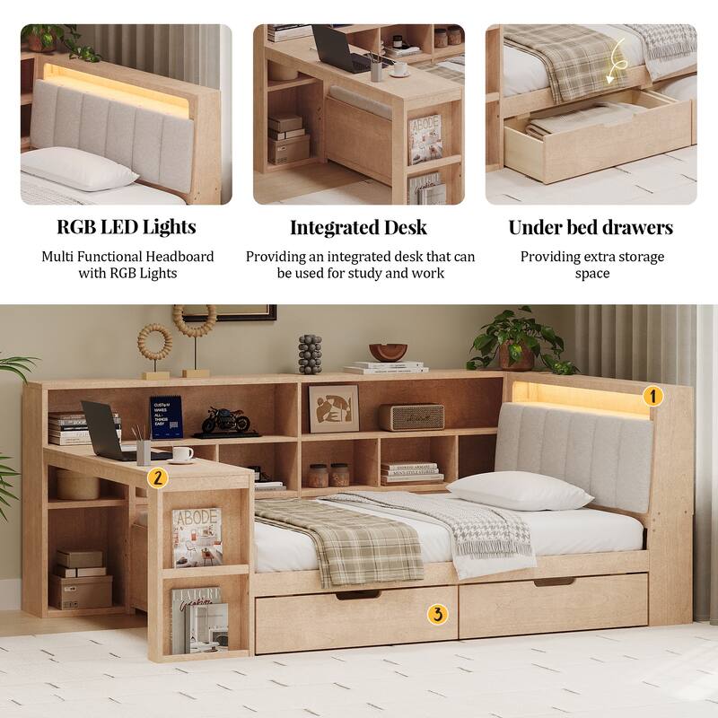 L-shaped Bookcase Daybed Wooden Corner Bed Twin Size Bed Built-in Work Desk, Hidden Headboard Storage, Under-bed Drawers, LED
