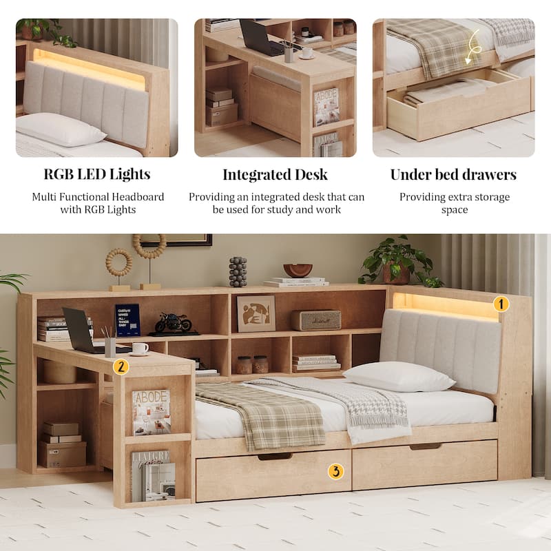 Wood Daybed L-shaped Bookcase Bed with Under-Bed Drawers and Side Bookshelf, Platform Daybed with Desk and Padded Headboard
