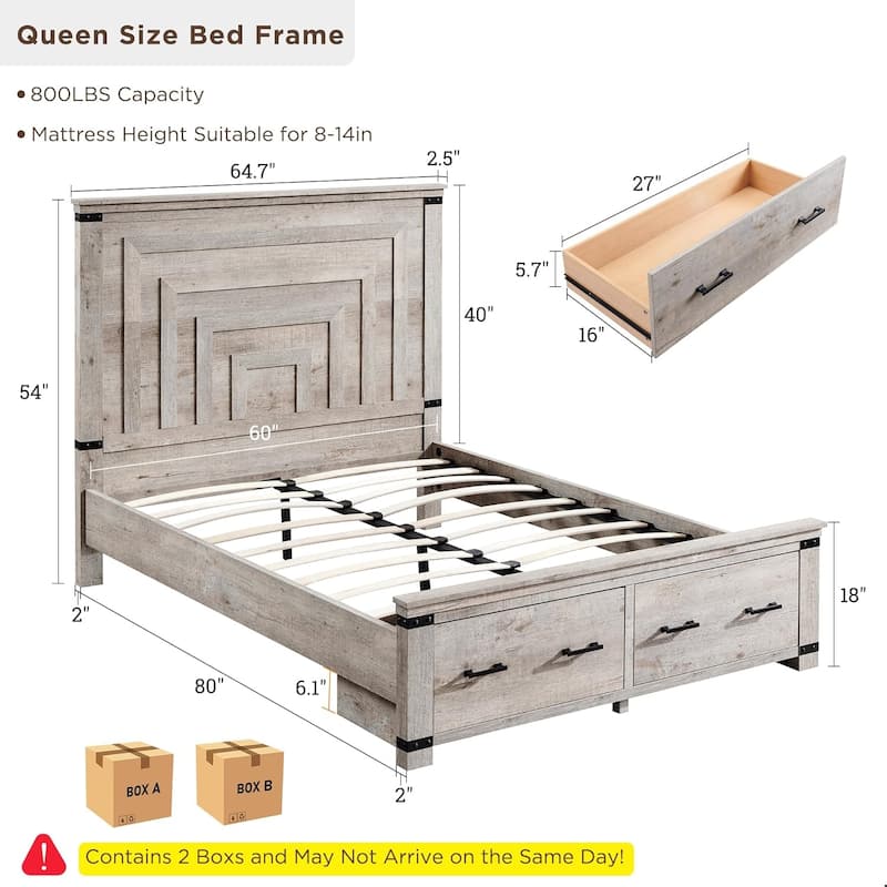 Farmhouse Wood Bed Frame with 54" Tall Headboard, 2 Large Drawers