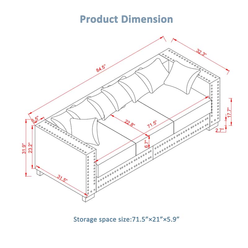 84.5" Velvet 3-Seater Sofa,Modern Square Arm Design with Silver Nailhead Trim and Under-Seat Storage