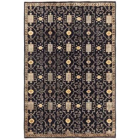 ECARPETGALLERY Hand-knotted Ikat Royale Black Wool Rug - 6'0 x 9'0